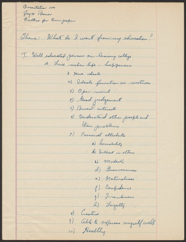Cornell University Orientation 100 term paper, "What I want from my education." 1944.