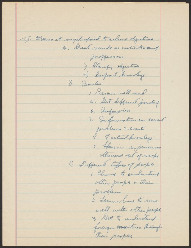 Cornell University Orientation 100 term paper, "What I want from my education." 1944.