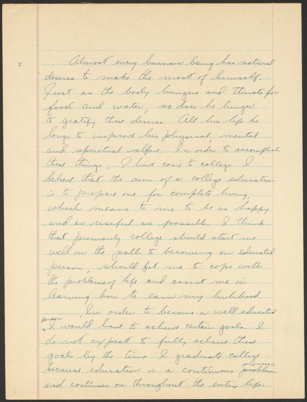 Cornell University Orientation 100 term paper, "What I want from my education." 1944.